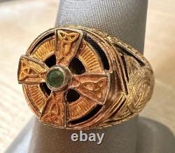 Franklin Mint 925 Silver Celtic Cross Emerald Signet Ring, Size 12-12.25 USA