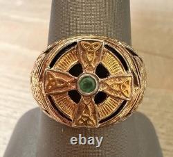 Franklin Mint 925 Silver Celtic Cross Emerald Signet Ring, Size 12-12.25 USA