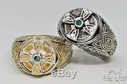 Franklin Mint Celtic Cross Genuine Emerald Mens Sterling Silver Pair Rings 17232