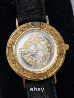 Franklin Mint Celtic Cross Sterling Silver Vermeil Emerald Accent Leather Watch