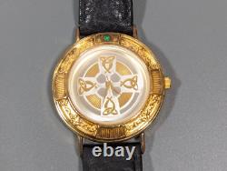 Franklin Mint Celtic Cross Sterling Silver Vermeil Emerald Accent Leather Watch