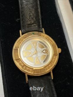 Franklin Mint Celtic Cross Sterling Silver Vermeil Emerald Accent Leather Watch