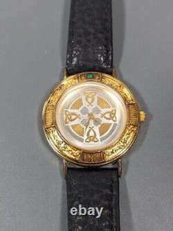 Franklin Mint Celtic Cross Sterling Silver Vermeil Emerald Accent Leather Watch