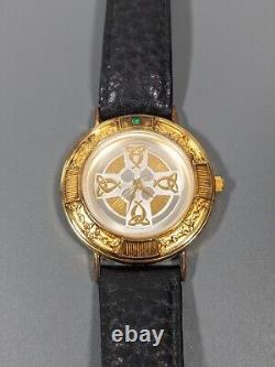 Franklin Mint Celtic Cross Sterling Silver Vermeil Emerald Accent Leather Watch