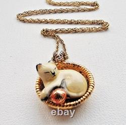 Franklin Mint Diamond Enamel Cat Sterling Silver 925 Vermeil VTG Necklace 1989