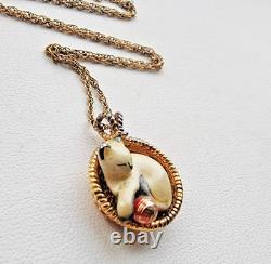 Franklin Mint Diamond Enamel Cat Sterling Silver 925 Vermeil VTG Necklace 1989