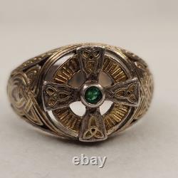 Franklin Mint FM 925 Sterling Silver Celtic Cross Emerald Men's Ring Size 14