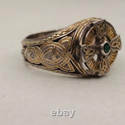 Franklin Mint FM 925 Sterling Silver Celtic Cross Emerald Men's Ring Size 14