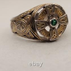 Franklin Mint FM 925 Sterling Silver Celtic Cross Emerald Men's Ring Size 14