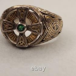 Franklin Mint FM 925 Sterling Silver Celtic Cross Emerald Men's Ring Size 14