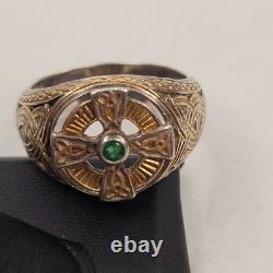 Franklin Mint FM 925 Sterling Silver Celtic Cross Emerald Men's Ring Size 14