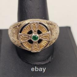 Franklin Mint FM 925 Sterling Silver Celtic Cross Emerald Men's Ring Size 14