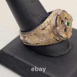 Franklin Mint FM 925 Sterling Silver Celtic Cross Emerald Men's Ring Size 14