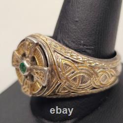 Franklin Mint FM 925 Sterling Silver Celtic Cross Emerald Men's Ring Size 14