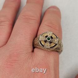 Franklin Mint FM 925 Sterling Silver Celtic Cross Emerald Men's Ring Size 14