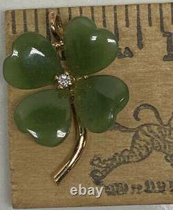 Franklin Mint Fm87 Heart Jade Diamond Gold Plated Sterling Silver Clover Pendant