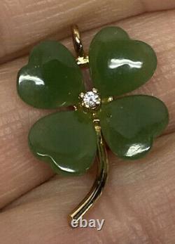 Franklin Mint Fm87 Heart Jade Diamond Gold Plated Sterling Silver Clover Pendant