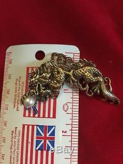 Franklin Mint Gold On Sterling Silver Ruby Pearl Dragon Pin Brooch
