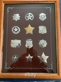 Franklin Mint Great Western Lawmen all 12 Sterling Silver Badges & Wood Case