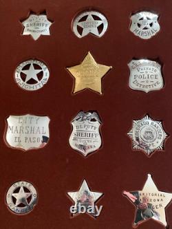 Franklin Mint Great Western Lawmen all 12 Sterling Silver Badges & Wood Case