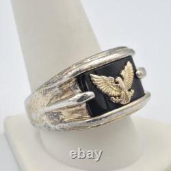 Franklin Mint Men's 925 Sterling Silver & 14K Yellow Gold Eagle & Onyx Ring 10
