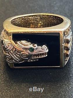 Franklin Mint Mens Vintage Dragon Sterling Silver Gold Vermeil Onyx Ring Size 10