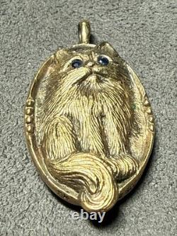 Franklin Mint STERLING SILVER CAT FELINE BLUE SAPPHIRE 3d Gold Overlay Pendant