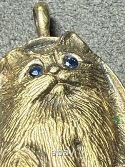 Franklin Mint STERLING SILVER CAT FELINE BLUE SAPPHIRE 3d Gold Overlay Pendant