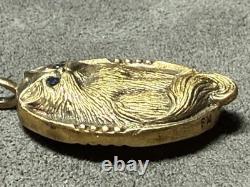 Franklin Mint STERLING SILVER CAT FELINE BLUE SAPPHIRE 3d Gold Overlay Pendant