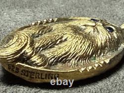 Franklin Mint STERLING SILVER CAT FELINE BLUE SAPPHIRE 3d Gold Overlay Pendant