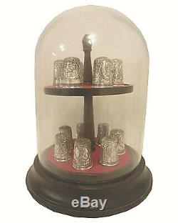 Franklin Mint Sterling Silver 13 Colonies Thimbles with Glass Dome c. 1978