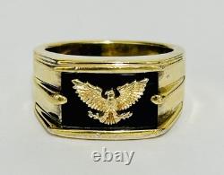 Franklin Mint Sterling Silver 14K Gold Onyx Eagle Men Ring Sz 12.5 Heavy Estate