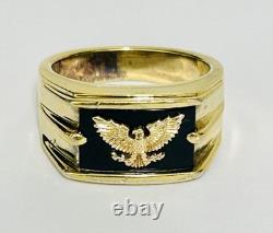 Franklin Mint Sterling Silver 14K Gold Onyx Eagle Men Ring Sz 12.5 Heavy Estate