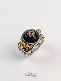Franklin Mint Sterling Silver 2-Tone Real Ruby Black Spinel Griffin Ring Size 10
