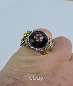 Franklin Mint Sterling Silver 2-Tone Real Ruby Black Spinel Griffin Ring Size 10