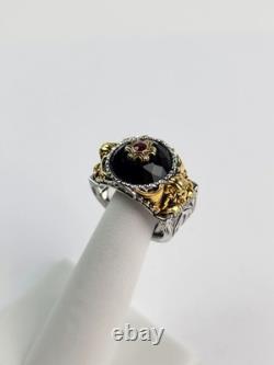 Franklin Mint Sterling Silver 2-Tone Real Ruby Black Spinel Griffin Ring Size 10