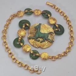 Franklin Mint Sterling Silver 22k Gold Jade Chinese Year of the Horse Necklace