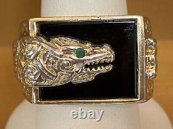 Franklin Mint Sterling Silver Gold Plated Dragon Ring Emerald Eye Onyx