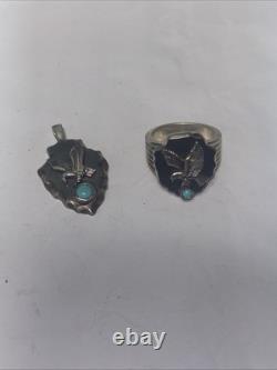Franklin Mint Sterling Silver & Turquoise Arrowhead Eagle Pendant And Ring 8.5