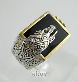 Franklin Mint Sterling Silver and Gilded Dragon Ring Emerald Eye Onyx Size 10.75