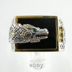 Franklin Mint Sterling Silver and Gilded Dragon Ring Emerald Eye Onyx Size 10.75