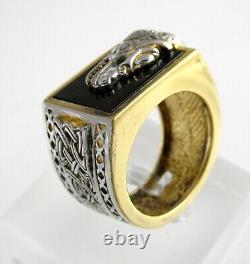 Franklin Mint Sterling Silver and Gilded Dragon Ring Emerald Eye Onyx Size 10.75