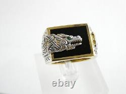 Franklin Mint Sterling Silver and Gilded Dragon Ring Emerald Eye Onyx Size 10.75