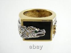 Franklin Mint Sterling Silver and Gilded Dragon Ring Emerald Eye Onyx Size 10.75