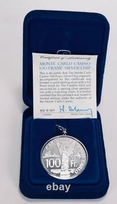 Franklin Mint Sterling silver Monte Carlo casino 100 franc chip with pendant COA