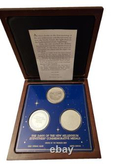 Franklin Mint The Dawn of New Millenium Silver 3 Medal Collection COA, Box