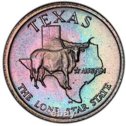 MS68 1969 Franklin Mint MINI Texas Silver Medal, PCGS Trueview- Rainbow Toned