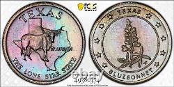 MS68 1969 Franklin Mint MINI Texas Silver Medal, PCGS Trueview- Rainbow Toned