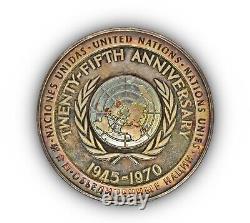 Rainbow Toned 1970 Franklin Mint United Nations 5 Ounce Sterling Medal 2.5