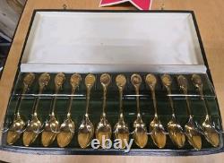 Rare Franklin Mint 1972 Twelve Days of Christmas Vermeil Spoon Set Old WithCase